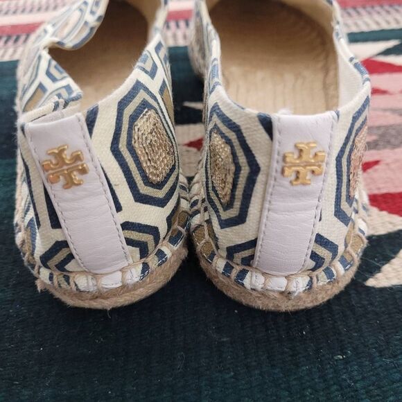 Tory Burch Cecily Embellished Espadrille Flats Sz‎ 9.5 Tan Canvas Sequin Rattan - Picture 7 of 10